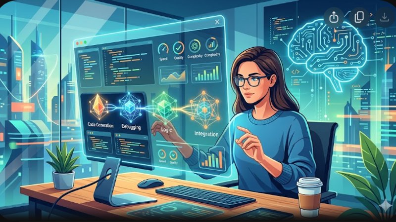 Футуристическая иллюстрация процесса выбора языковой модели для автоматического написания кода в современном интерфейсе.